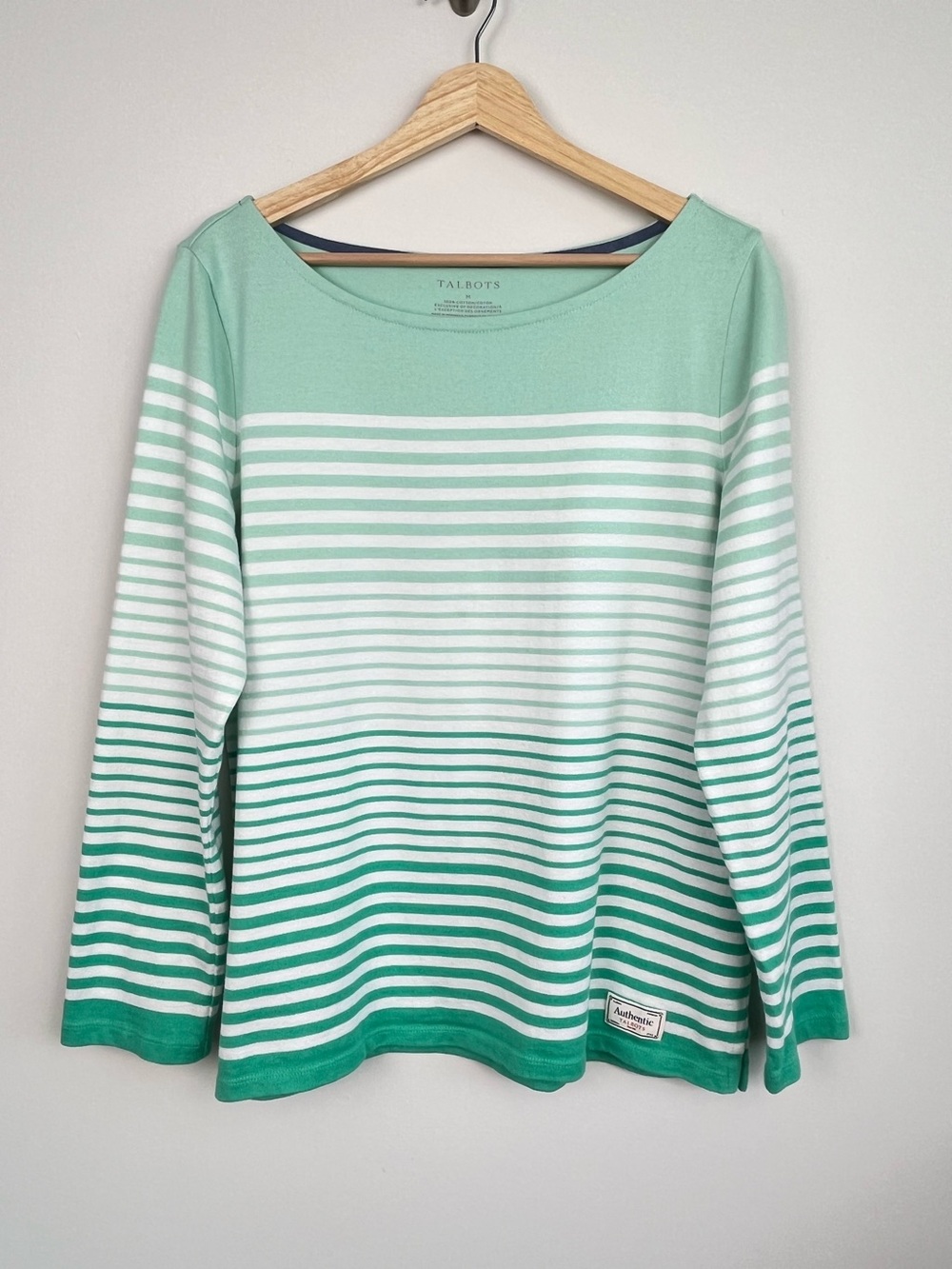 Talbots 100% cotton midweight knit green striped boatneck top, medium.